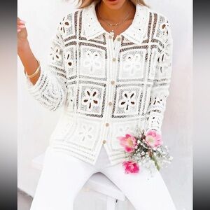 FROM PARIS FRANCE 🇫🇷 White Crochet COTTON Button-Up Cardigan